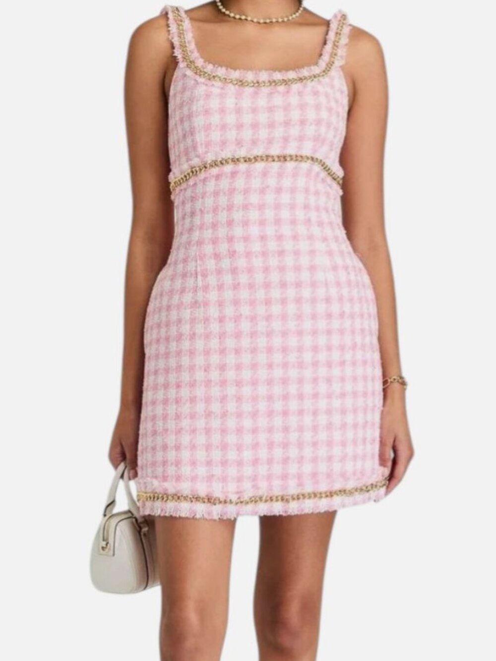 Rebecca Vallance Women's Pink Gabrielle Chain-Trim Gingham Tweed Mini Dress Sz 0